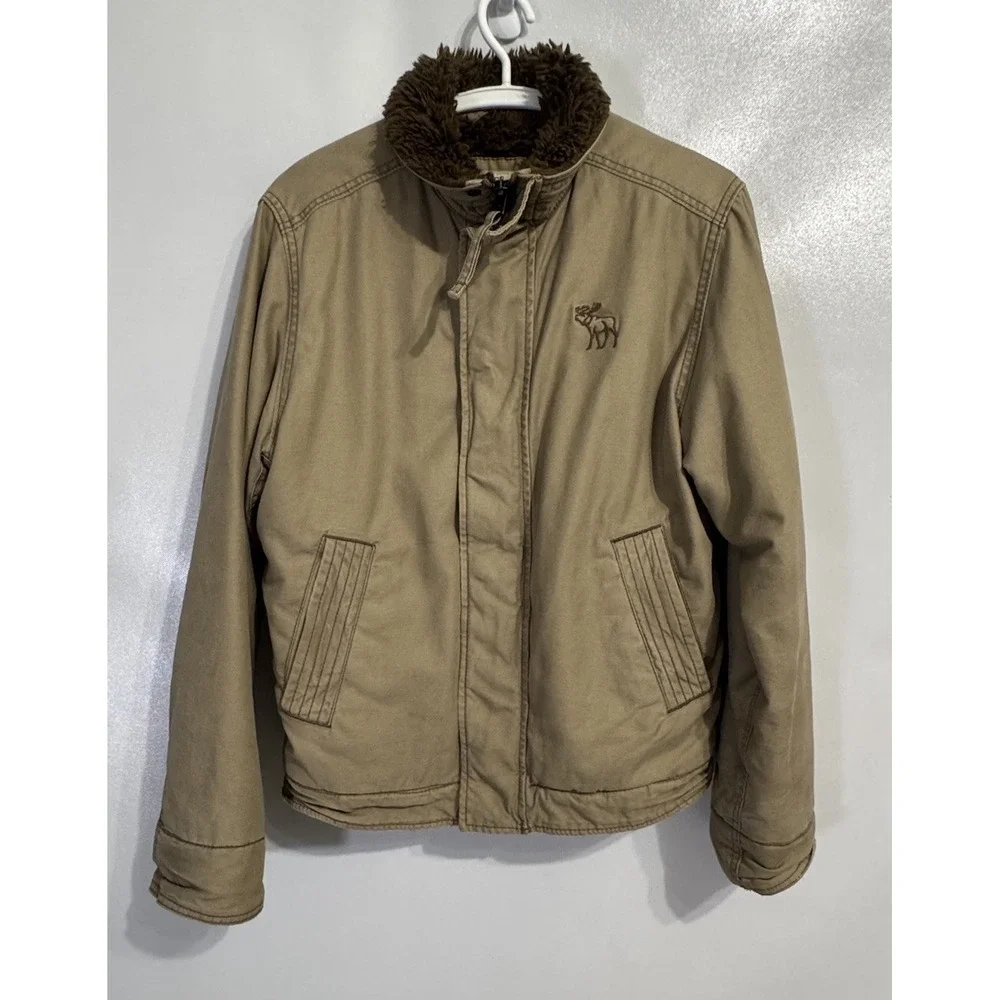 Abercrombie XL Boys Adirondack Coat Khaki Sherpa Lined Y2K Military Zip
